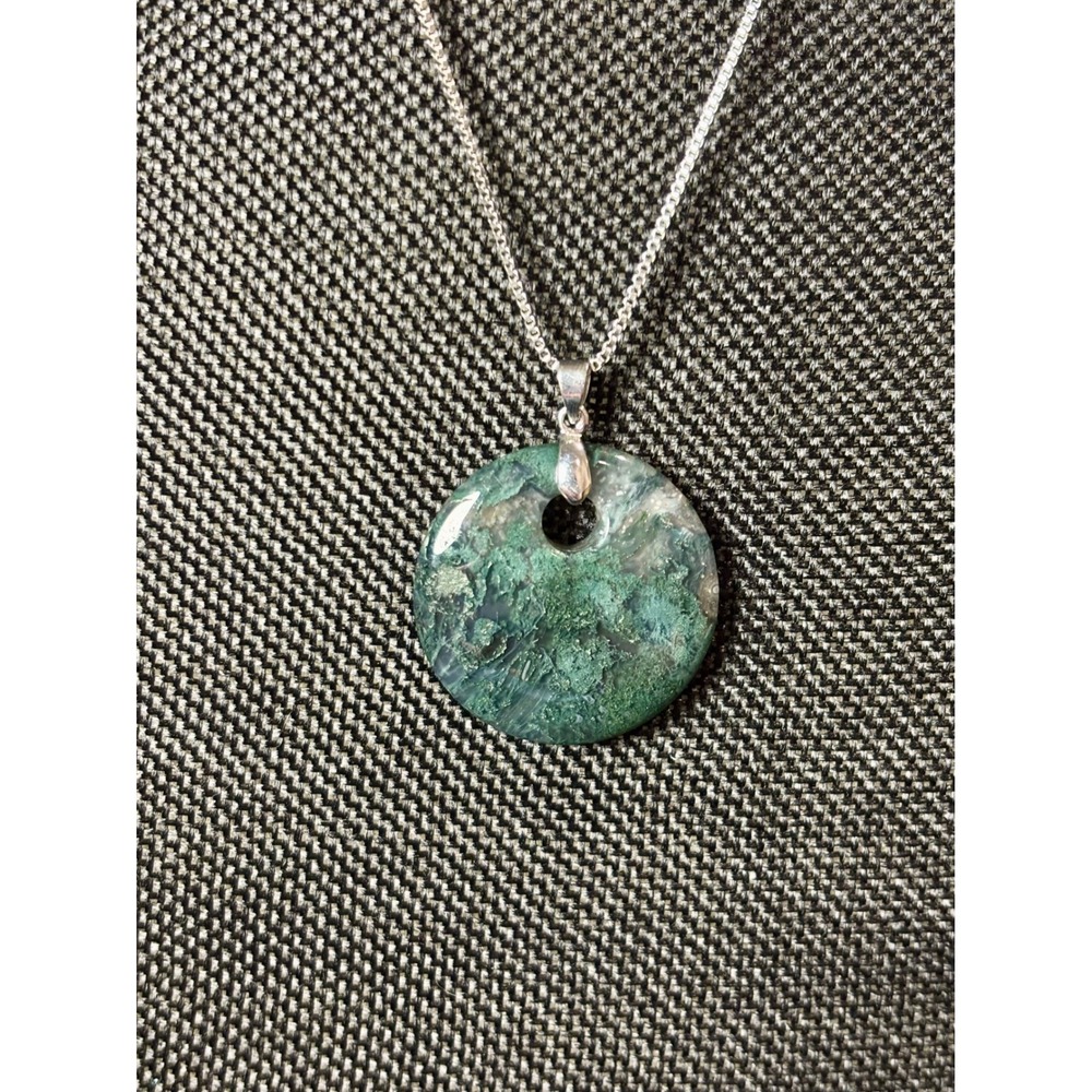 Moss Agate Donut Pendant Necklace Stainless Steel Box Chain Green Gemstone